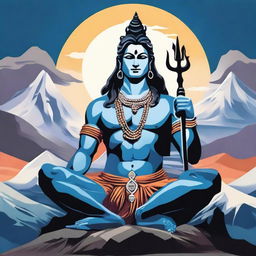 A detailed and vibrant illustration of Lord Shiva, also known as Mahadev, seated majestically on Mount Kailash