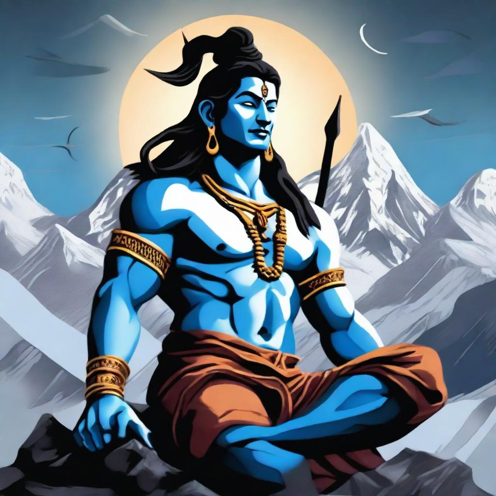 A detailed and vibrant illustration of Lord Shiva, also known as Mahadev, seated majestically on Mount Kailash