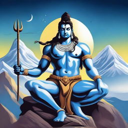 A detailed and vibrant illustration of Lord Shiva, also known as Mahadev, seated majestically on Mount Kailash