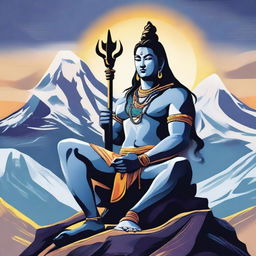 A detailed and vibrant illustration of Lord Shiva, also known as Mahadev, seated majestically on Mount Kailash