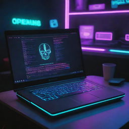 A laptop transformed by a cyberpunk aesthetic, brimming with neon lights, futuristic displays, holographic keys, and a touch of high-tech dystopia.