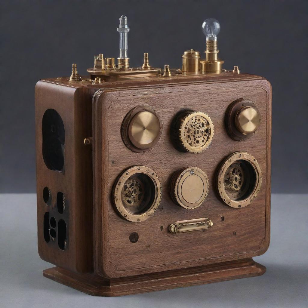 A PlayStation 5 gaming console reimagined in a steampunk style, boasting brass fittings, a host of intricate gears, and a vintage elegant veneer, all while maintaining its gaming excellence.