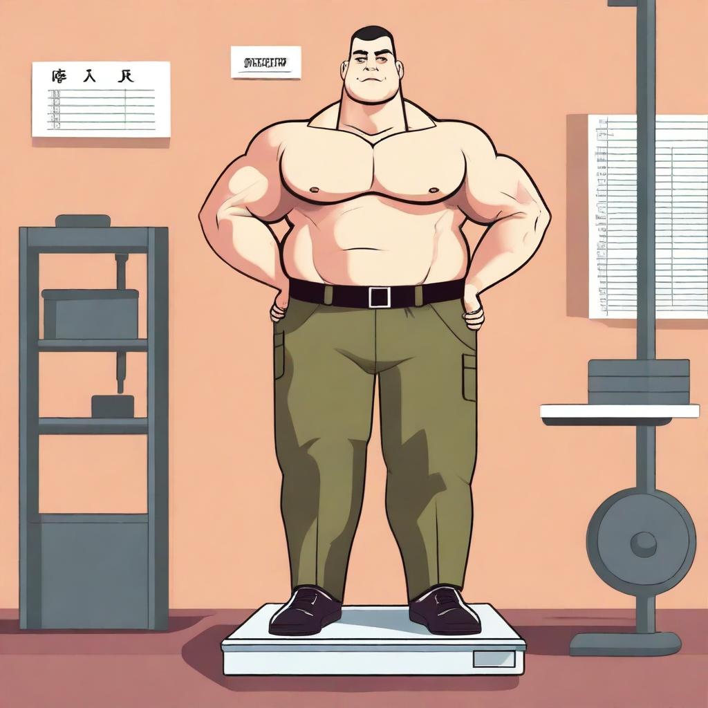 A detailed illustration of a corporal in military uniform standing on a scale, checking his body weight