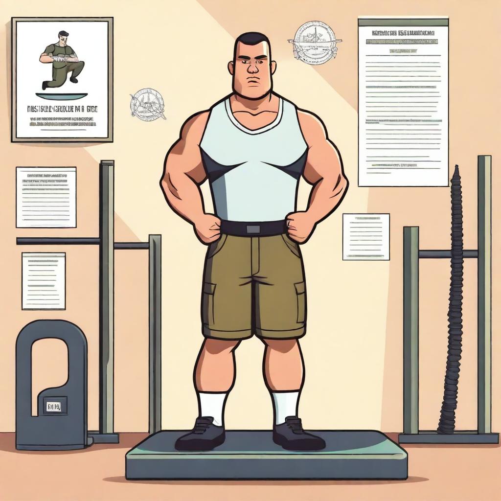 A detailed illustration of a corporal in military uniform standing on a scale, checking his body weight