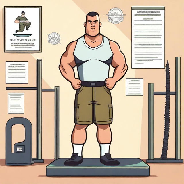 A detailed illustration of a corporal in military uniform standing on a scale, checking his body weight