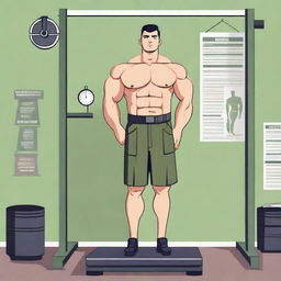 A detailed illustration of a corporal in military uniform standing on a scale, checking his body weight