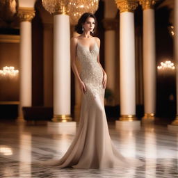 A beautiful woman wearing an elegant night dress, exuding confidence and allure