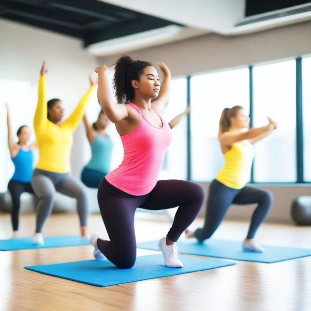 A group of women engaged in a fitness class, performing various exercises like yoga, weight lifting, and aerobics