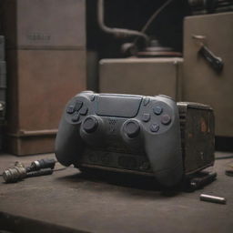 A PlayStation 5 console cast in a dieselpunk scenario interspersed with industrial elements, grungy textures and retro-futuristic design, while retaining its console integrity.