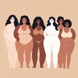 A diverse group of women of different body types and weights standing together, showcasing body positivity and diversity