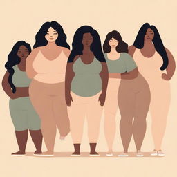 A diverse group of women of different body types and weights standing together, showcasing body positivity and diversity