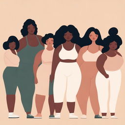 A diverse group of women of different body types and weights standing together, showcasing body positivity and diversity