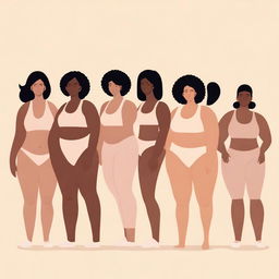 A diverse group of women of different body types and weights standing together, showcasing body positivity and diversity