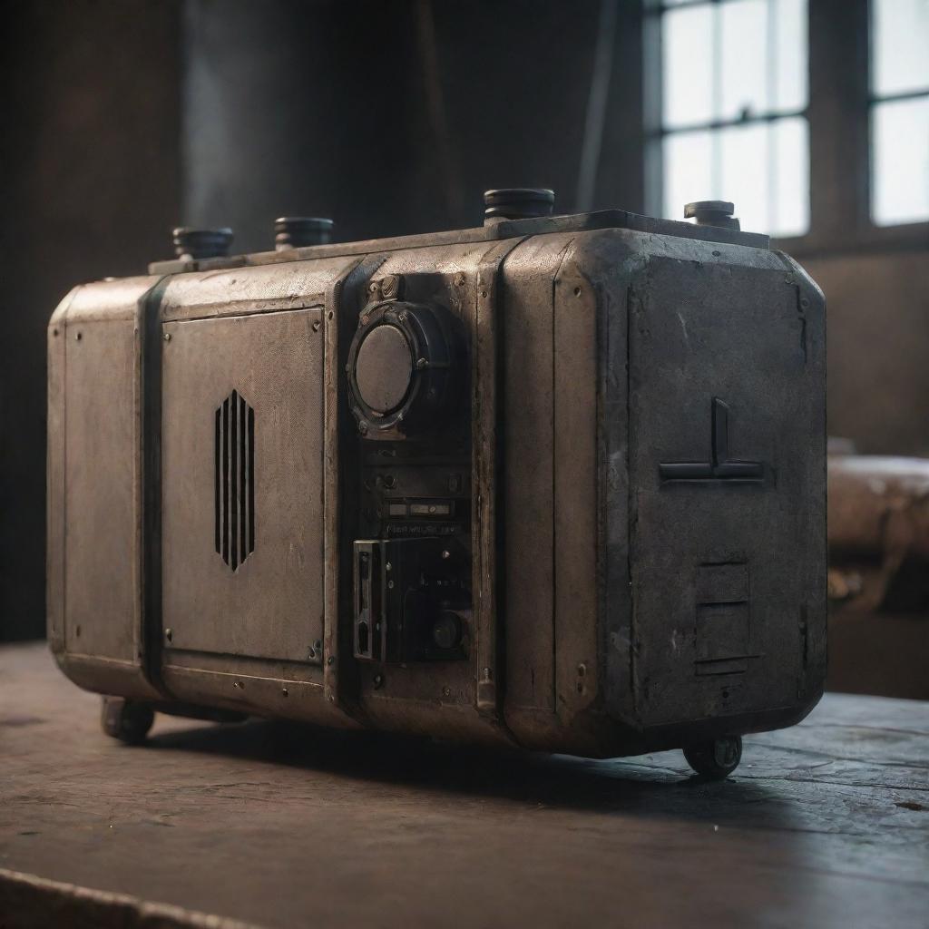 A PlayStation 5 console cast in a dieselpunk scenario interspersed with industrial elements, grungy textures and retro-futuristic design, while retaining its console integrity.