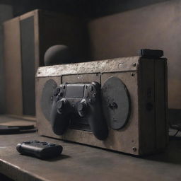 A PlayStation 5 console cast in a dieselpunk scenario interspersed with industrial elements, grungy textures and retro-futuristic design, while retaining its console integrity.