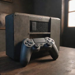 A PlayStation 5 console cast in a dieselpunk scenario interspersed with industrial elements, grungy textures and retro-futuristic design, while retaining its console integrity.