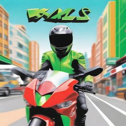 A book cover featuring a guy riding a Kawasaki ZX6R motorcycle, wearing a helmet