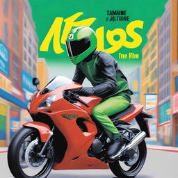 A book cover featuring a guy riding a Kawasaki ZX6R motorcycle, wearing a helmet