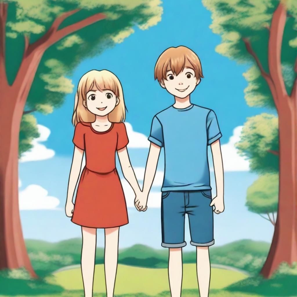 A boy and a girl standing together in a picturesque park