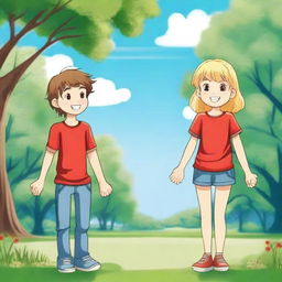 A boy and a girl standing together in a picturesque park