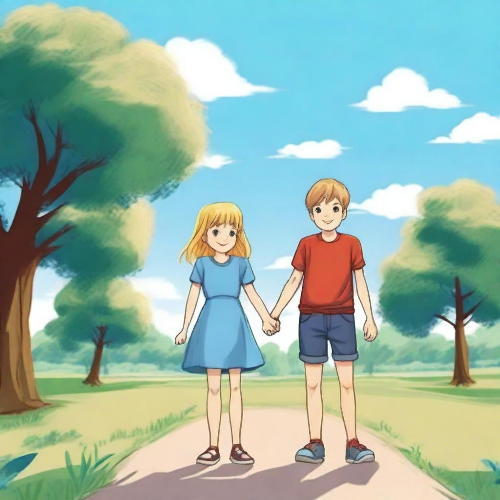 A boy and a girl standing together in a picturesque park