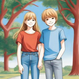 A boy and a girl standing together in a picturesque park