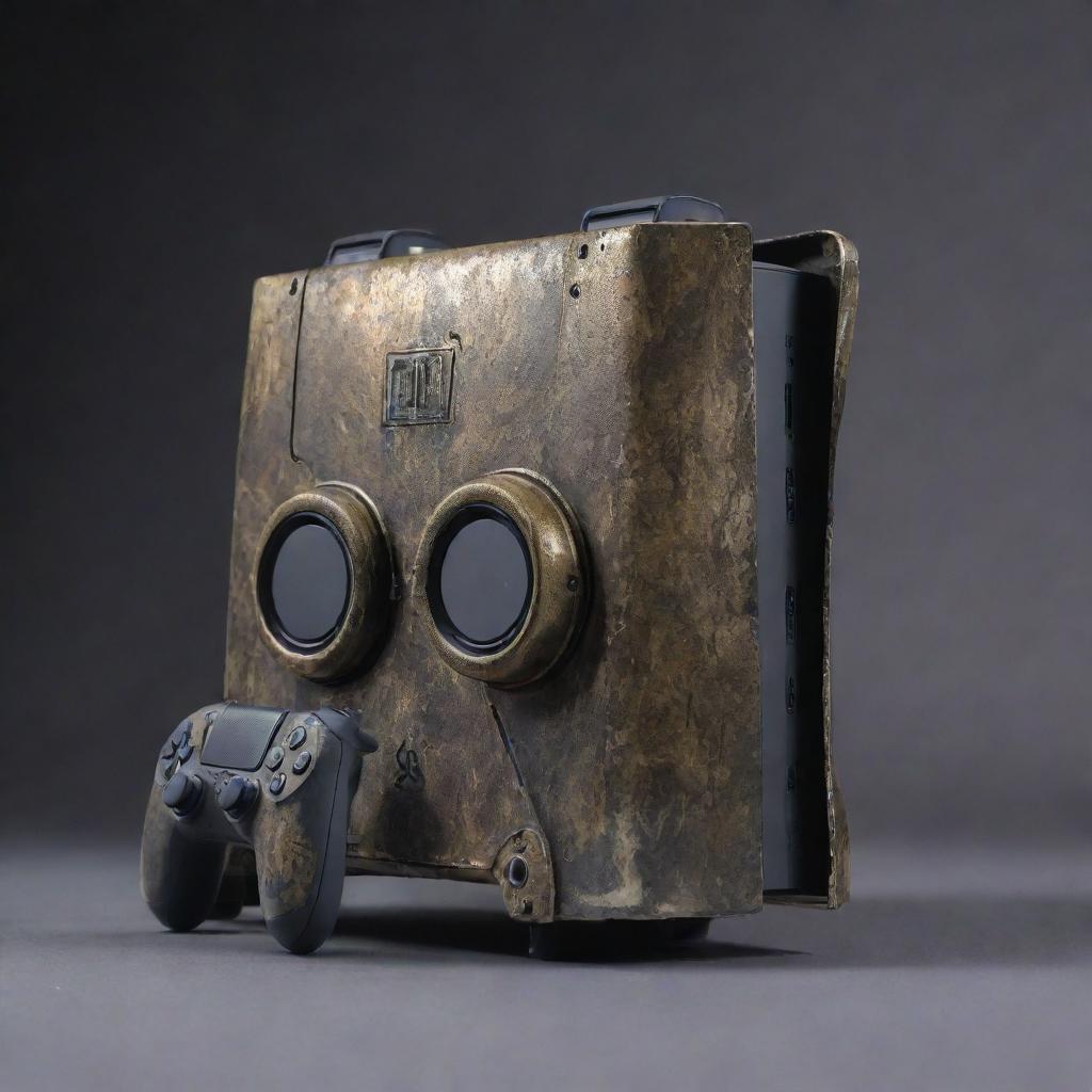 A PlayStation 5 console reshaped in a gaspunk theme, featuring tarnished metals, gas-mask details, and smoky colors, whilst upholding its gaming capabilities.