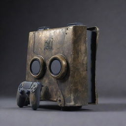 A PlayStation 5 console reshaped in a gaspunk theme, featuring tarnished metals, gas-mask details, and smoky colors, whilst upholding its gaming capabilities.