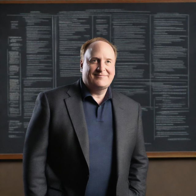 Create an image of Kevin Feige, CEO of Marvel Studios, depicted as a professor standing in front of a blackboard
