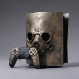 A PlayStation 5 console reshaped in a gaspunk theme, featuring tarnished metals, gas-mask details, and smoky colors, whilst upholding its gaming capabilities.