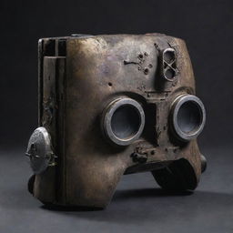 A PlayStation 5 console reshaped in a gaspunk theme, featuring tarnished metals, gas-mask details, and smoky colors, whilst upholding its gaming capabilities.