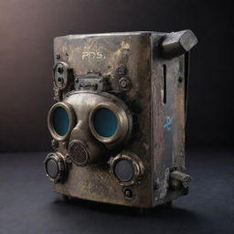 A PlayStation 5 console reshaped in a gaspunk theme, featuring tarnished metals, gas-mask details, and smoky colors, whilst upholding its gaming capabilities.