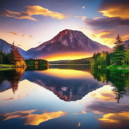 Generate an image featuring a serene landscape with a beautiful sunset over a calm lake, surrounded by lush trees and mountains in the background