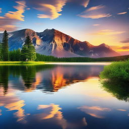 Generate an image featuring a serene landscape with a beautiful sunset over a calm lake, surrounded by lush trees and mountains in the background