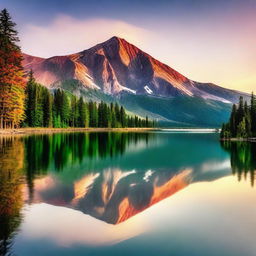 Generate an image featuring a serene landscape with a beautiful sunset over a calm lake, surrounded by lush trees and mountains in the background