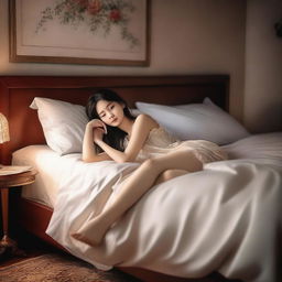 A woman lying on a bed, depicted in an elegant and tasteful manner