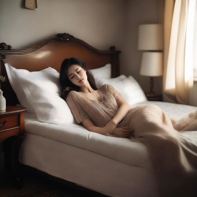 A woman lying on a bed, depicted in an elegant and tasteful manner