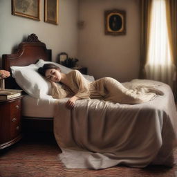 A woman lying on a bed, depicted in an elegant and tasteful manner