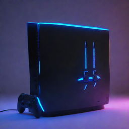 A PlayStation 5 console reconfigured in electropunk style, glowing with vibrant neon light accents, encompassed by electric-charged interfaces and energy emitting auras, without compromising its gaming prowess.