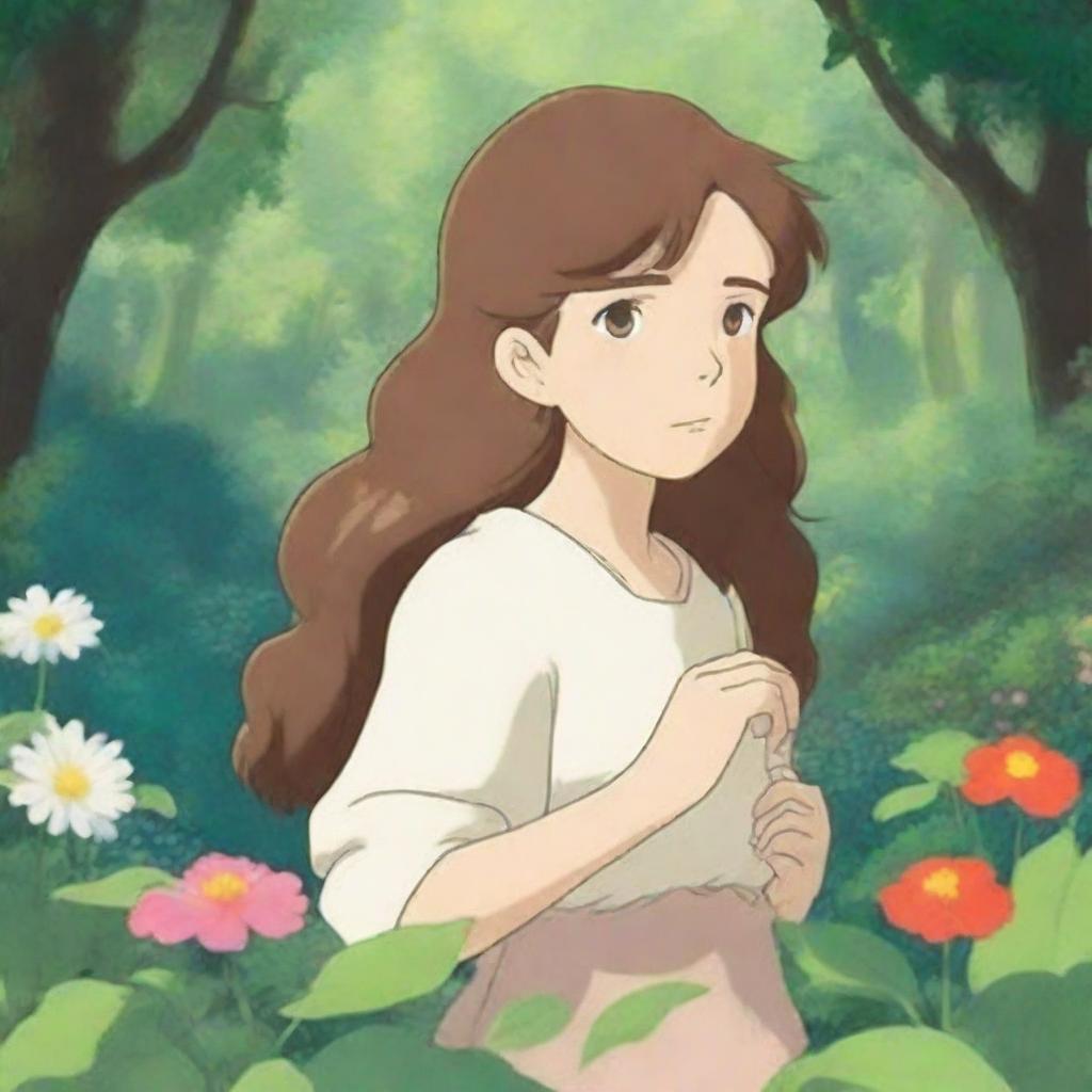 A young woman with brown wavy hair and brown eyes stands peacefully in a lush, vibrant natural environment