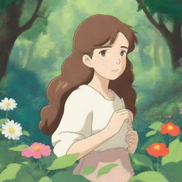 A young woman with brown wavy hair and brown eyes stands peacefully in a lush, vibrant natural environment