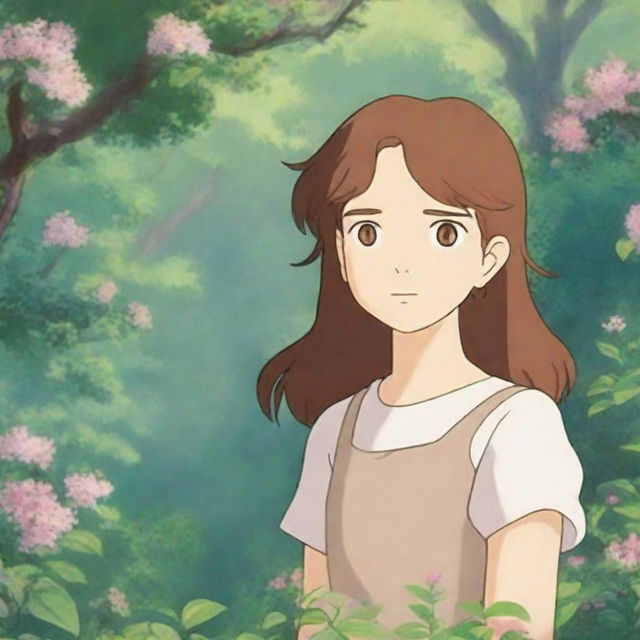 A young woman with brown wavy hair and brown eyes stands peacefully in a lush, vibrant natural environment