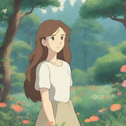 A young woman with brown wavy hair and brown eyes stands peacefully in a lush, vibrant natural environment