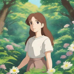 A young woman with brown wavy hair and brown eyes stands peacefully in a lush, vibrant natural environment