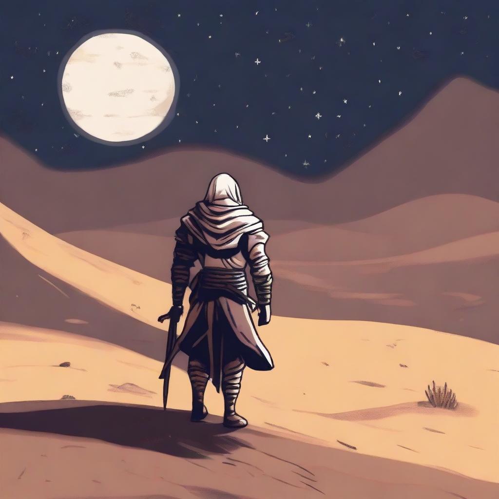 A warrior named Zorden walking in a sandy desert, appearing hurt and weary under a starry night sky with a crescent moon