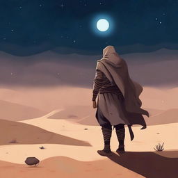 A warrior named Zorden walking in a sandy desert, appearing hurt and weary under a starry night sky with a crescent moon