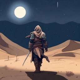 A warrior named Zorden walking in a sandy desert, appearing hurt and weary under a starry night sky with a crescent moon