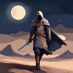 A warrior named Zorden walking in a sandy desert, appearing hurt and weary under a starry night sky with a crescent moon