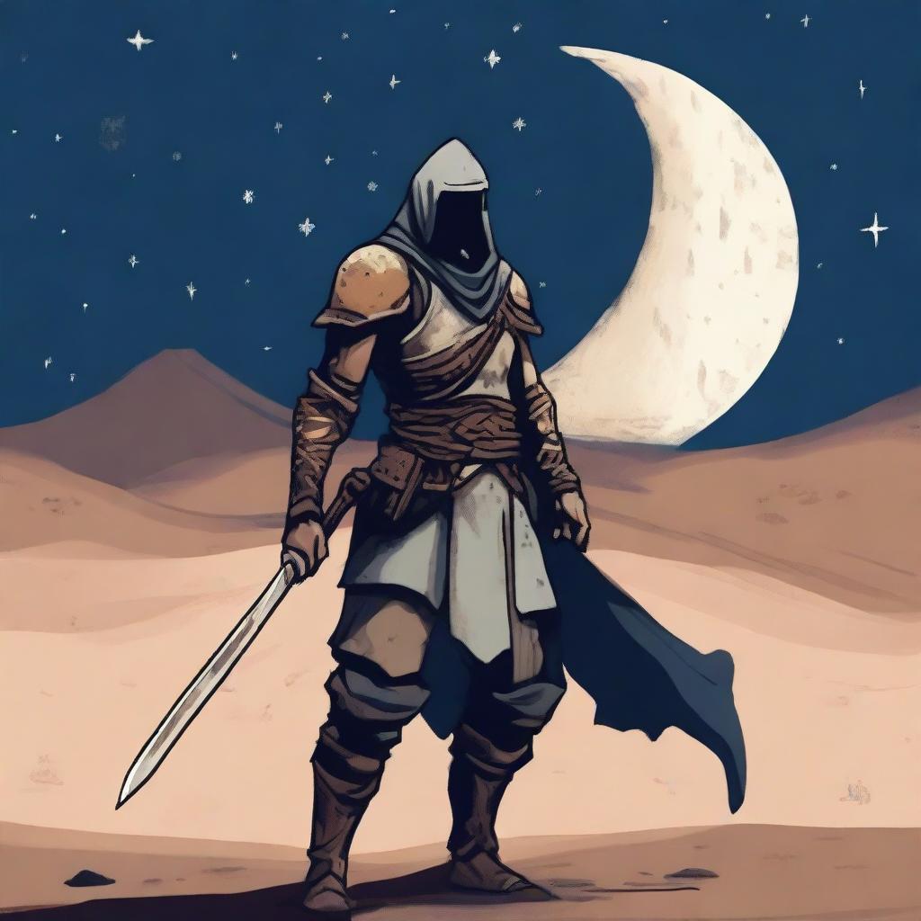 A warrior named Zorden walking through the sand, visibly hurt under a starry night sky with a crescent moon shining above