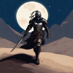 A warrior named Zorden walking through the sand, visibly hurt under a starry night sky with a crescent moon shining above